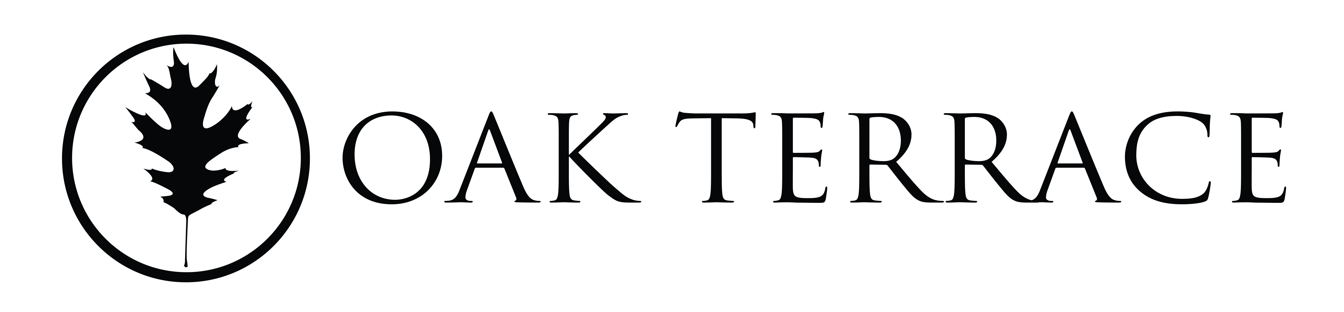 A logo with a leaf and the words "Oak Terrace" in a circle.